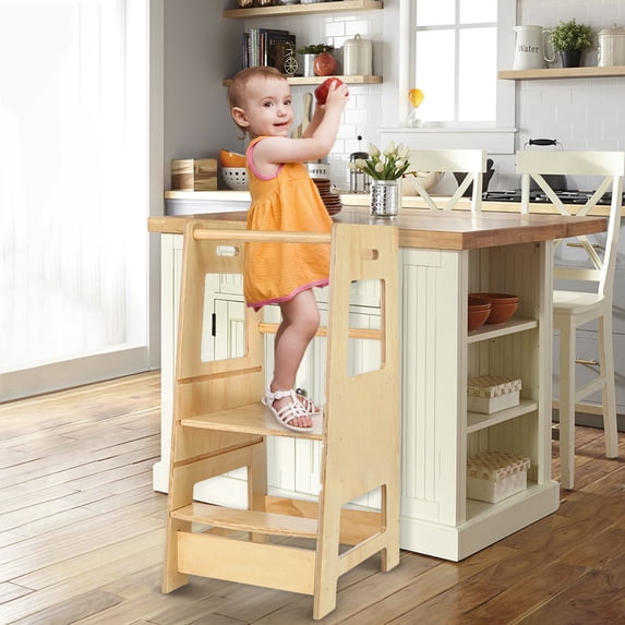 Adjustable Height Learning Stool for Kids, Toddler Stool Tower, Wood Kitchen Helper Step Stool with Non-Slip Mat, Safety Wooden Children Stepping Stool for Counter & Bathroom Sink, Beige