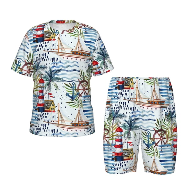 Balery Watercolor Sailboat Conjunto de Pijama Infantil de Manga Corta con Estampado – Ropa de Dormir de Algodón Suave-XX-Large