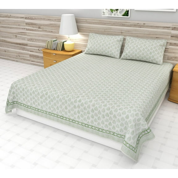 Green FloraHandblock Print Bedding Bedspread Quilt Hand Stitched Quilt Netural Colored Kantha Quilted Rare find kantha quilt