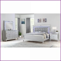 Bedroom Furniture Set Queen 4PC Silver Wood with LED Lights Crystal Tufted Headboard | Wood | Double Dressers