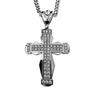 Mens Huge Flared Cross Fully Iced Pendant Cuban Link Hiphop Necklace Silver Tone Hip Hop Chain 30 Inch