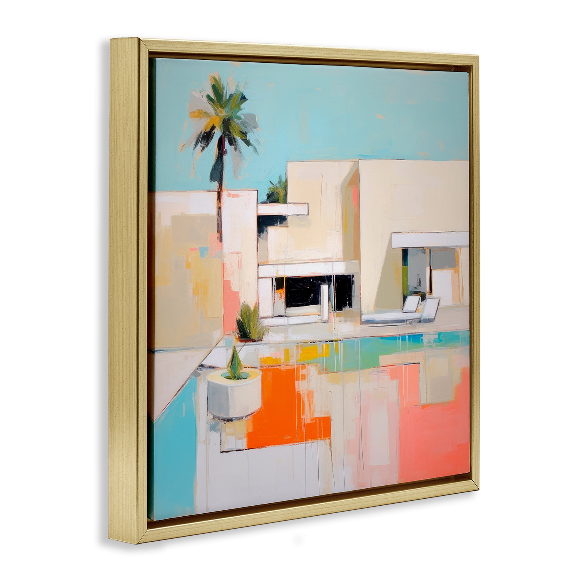 Stupell Industries Modern Tropical Villa Town & City Painting Gold Floater Framed Canvas Art Print Wall Art, 18 x 18