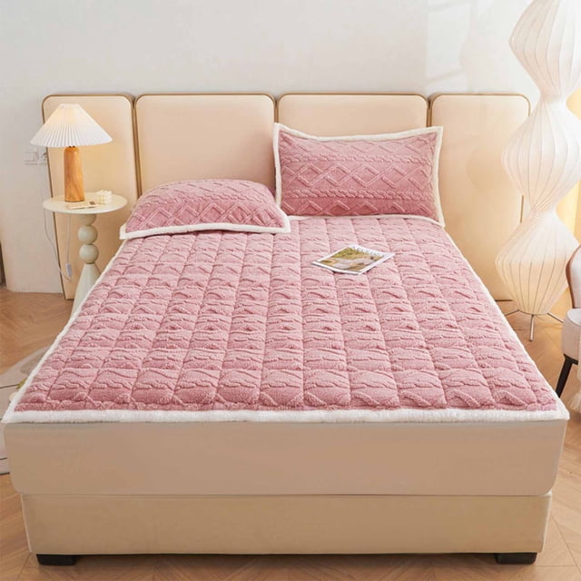 Thick Velvet Mattress Pad Quilted Flannel Mattress Topper Non Slip Bottom Soft Warm Foldable Bed Pad Polyester Fiber Washable Mattress Protector For Winter Bedding