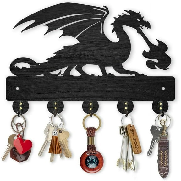 Dragon Coat Rack Wall Mount Wood Fire Dragon Key Holder for Wall 11.8×7.9inch Dragon Spitting Fire Key Rack 5 Alloy Hooks Decorative Key Hanger for Entryway Room Front Door Gift