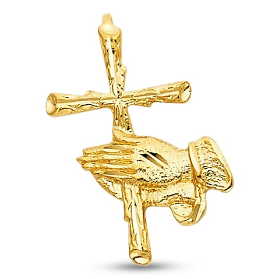 Solid 14k Yellow Gold Praying Hands Cross Pendant Religious Charm Christian Design 23 x 14 mm
