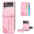 thumbnail image 1 of SaniMore for Samsung Galaxy Z Flip 3 (6.7" 2021) Case, PU Leather Skin with Card Slots Detachable Crossbody Lanyard Stylish Embossed Flower Anti-scratch Anti-drop Shockproof Girly Shell, Pink, 1 of 21