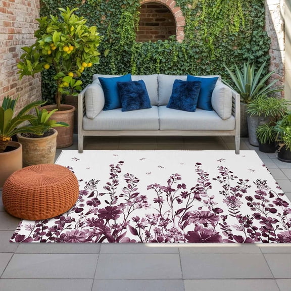 Outdoor Rug 3x5 ft Red Floral Outdoor Large Area Rug Non Slip Rubber Watercolor Flower Dragonfly Front Door Mat RV Rug Camping Carpet Patio Outdoor Rugs for Backyard Balcony Deck Porch Indoor