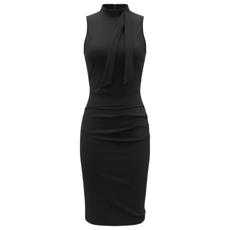 LPZOOGU Women's Elegant Sleeveless Ruched Bodycon Midi Dress Vintage High Neck Tie Waist Zip Up Work Office Business Dress