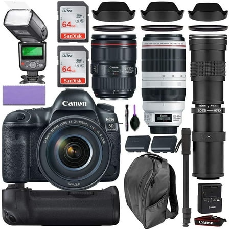 Canon EOS 5D Mark IV DSLR Camera w/Canon 24-105mm f/4L II USM, Canon 100-400mm is II USM & Commander 420-800mm Telephoto Lenses + Elegant Accessory Kit (2X 64GB Memory Cards, Backpack & More...)