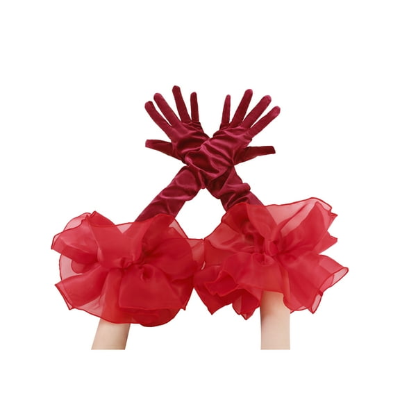 INSPIRE CHIC Women's Velvet Opera Gloves Tulle Puff Oversized Ruffled Long Gloves for Party One Size Wine Red