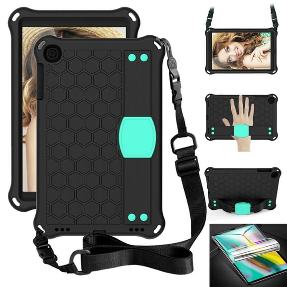 Dteck Kids Case For Samsung Galaxy Tab A 10.1 Inch Model SM-T510/SM-T515 2019 with PET Screen Protector, Light Weight Shockproof Handle Kickstand Protective Cover With Shoulder Strap, Black/Mint