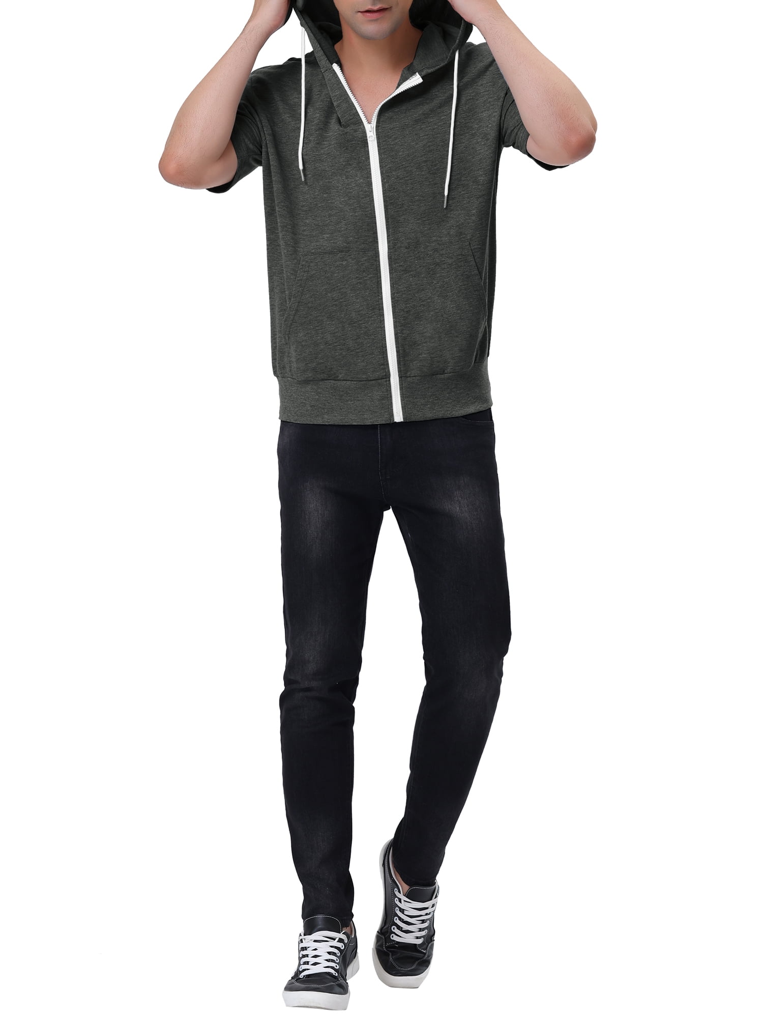 Unique Bargains Men's Short Sleeve Solid Color Zip Up Sport Hoodies L Dark Gray
