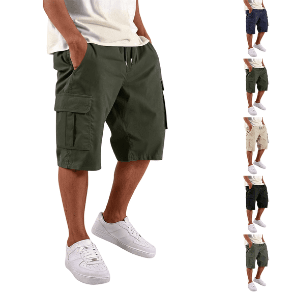 DORKASM Cargo Shorts for Men Elastic Waist Cotton Twill Casual Bermuda Shorts Knee Length Fashion Stretch Summer Hiking Shorts Drawstring Beach Shorts with Pockets Army Green M