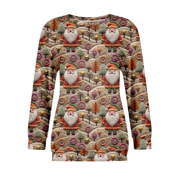 Women's Casual Long Sleeve Round Neck Sweatshirt Fit Pleated Top with Christmas Print for Fashionable Holiday Outfits and Comfortable Wear,Vermilion,2XL