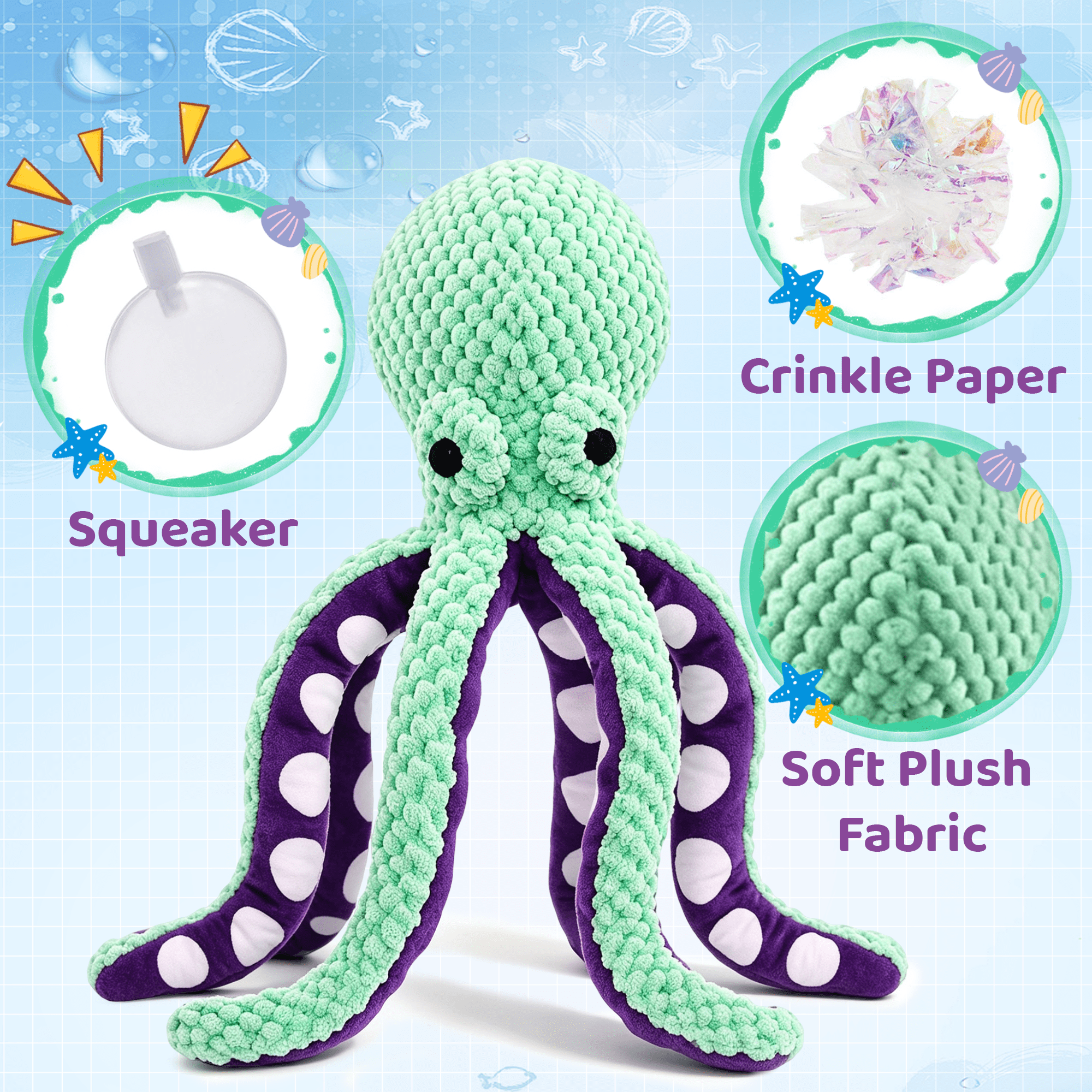 GARITIN Octopus Squeaky Plush Dog Toy, Interactive Soft Chew Toy for Puppies, Small & Medium Dogs
