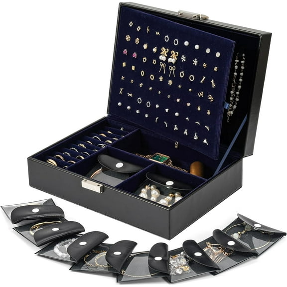 ProCase Jewelry Box Organizer for Women, Upgraded Jewelry Case with 8 Extra Tarnish Free Bags, PU Leather Jewellery Holder Storage Container for Earrings Necklaces Bracelets Rings -Black
