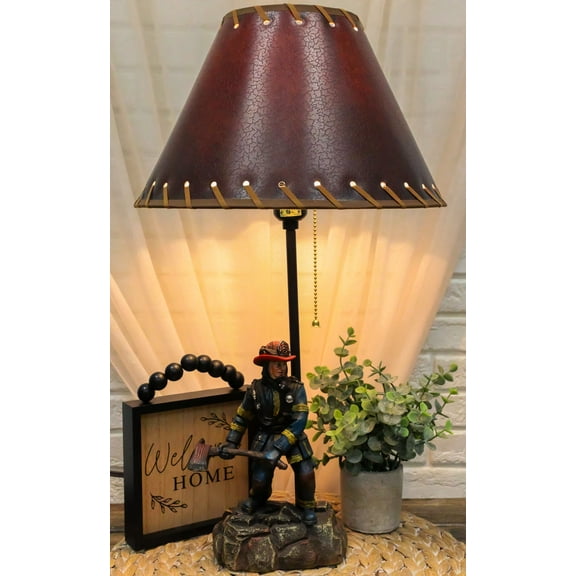 American Hero Fire Fighters Fireman In Full Gear And Axe Table Lamp With Shade