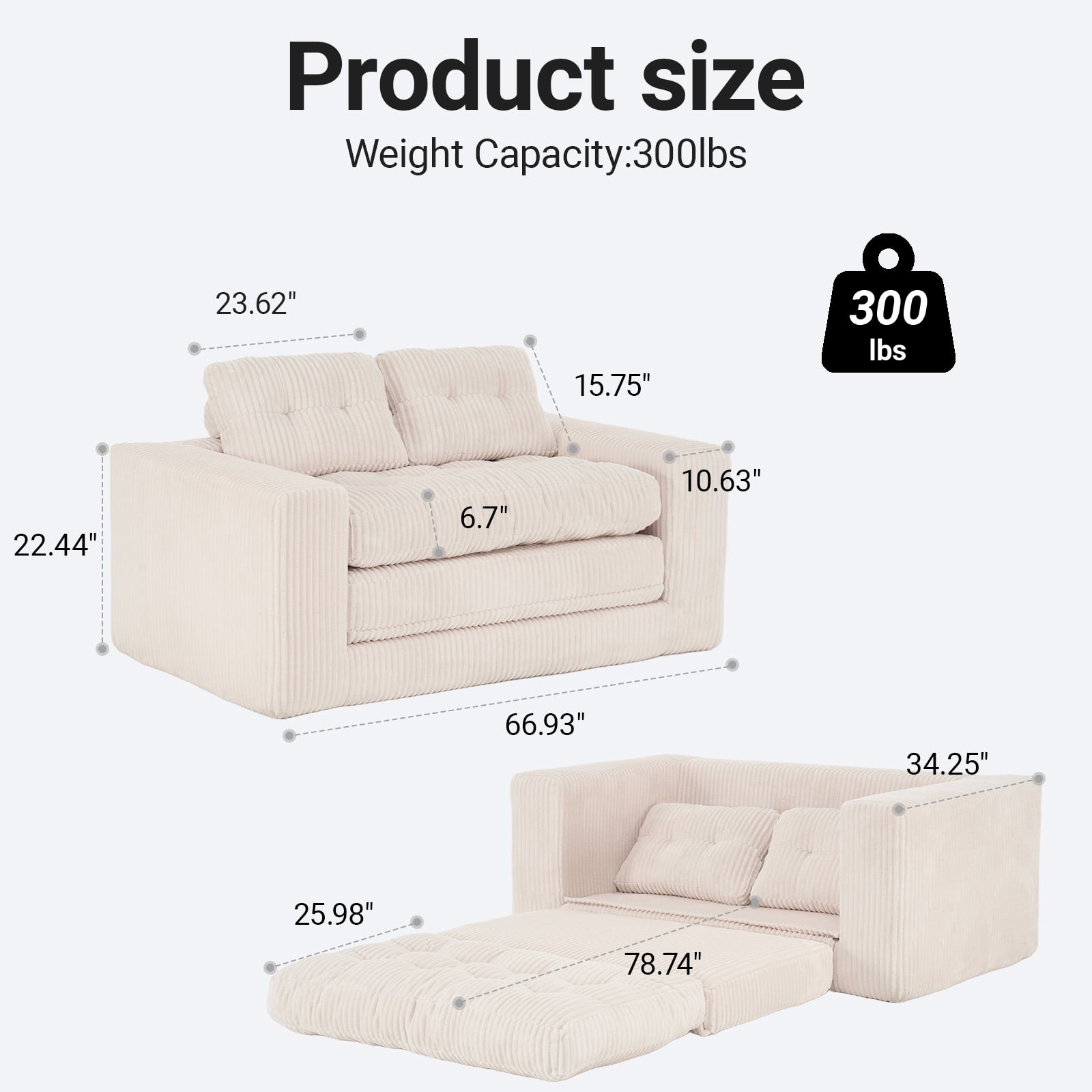 Leumius Futon Sofa Bed,2-in-1 Folding Sofa Bed with Memory Foam & Steel Frame,Corduroy Fabric Boneless Floor Sofa for Small Spaces, Apartments, Home Office & Bedroom,Beige