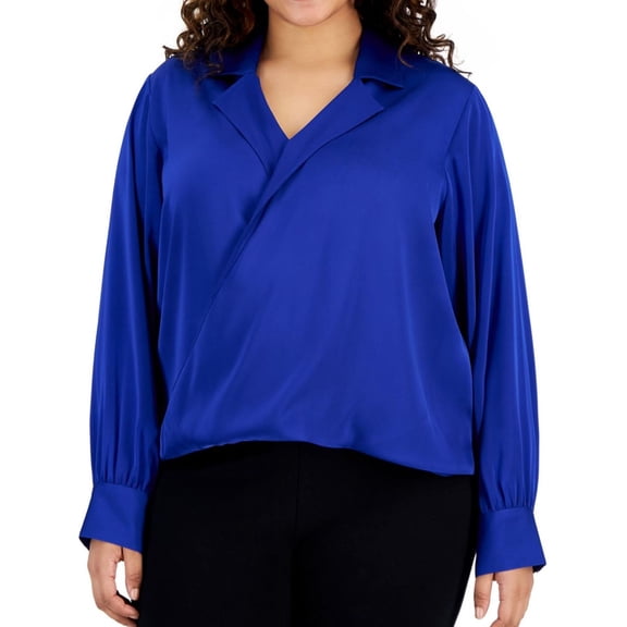 Calvin Klein Womens Faux-Wrap Wrap Blouse, Blue, Plus Size, 3X