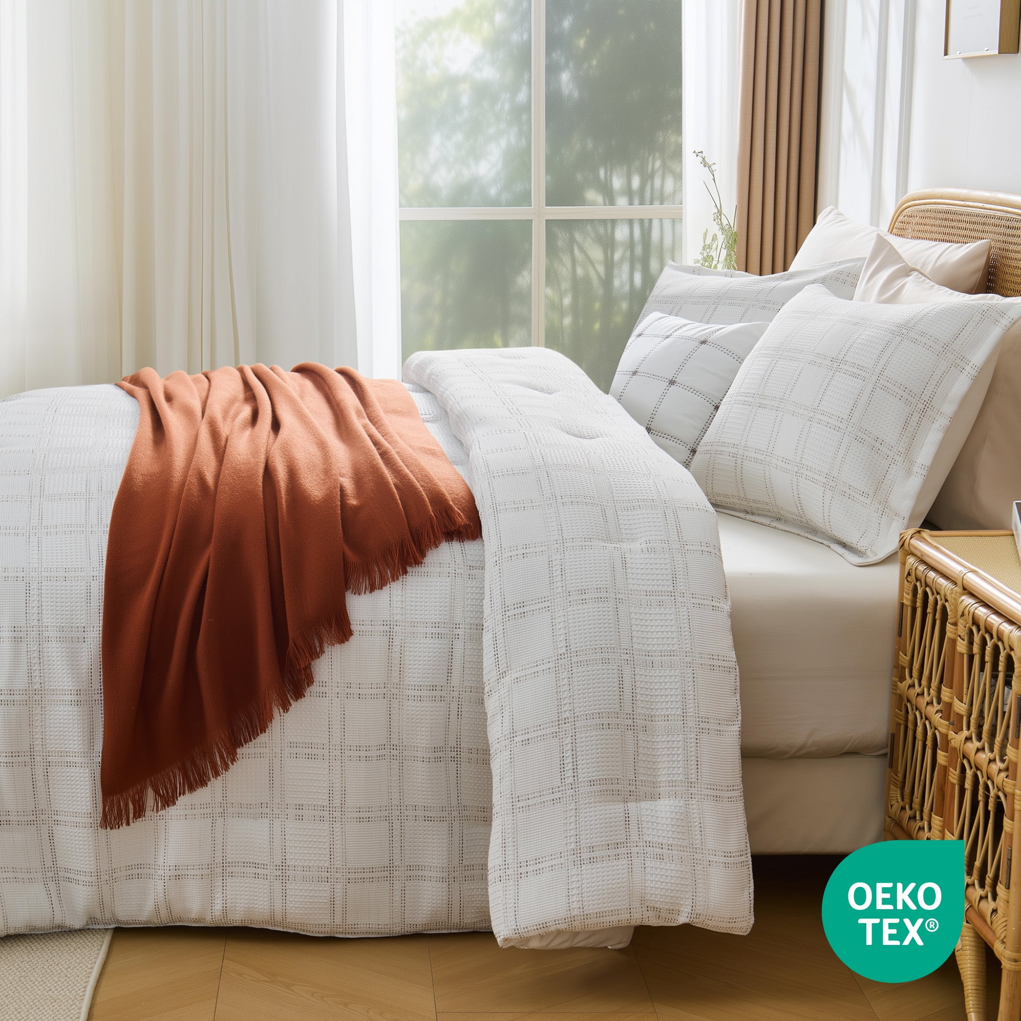Regency Heights Waffle Weave Comforter Set, Full/Queen Size Textured Comforter Bed Set, 3-Piece Lightweight Bedding Set with Pillow Shams for All Season, White/Multi Color