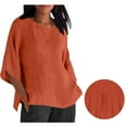 thumbnail image 2 of Round Neck Linen Shirts for Women 3/4 Length Sleeve Tunic Tops Casual Loose Fit Pullover Tees 2025 Summer Fashion Blouse, 2 of 8