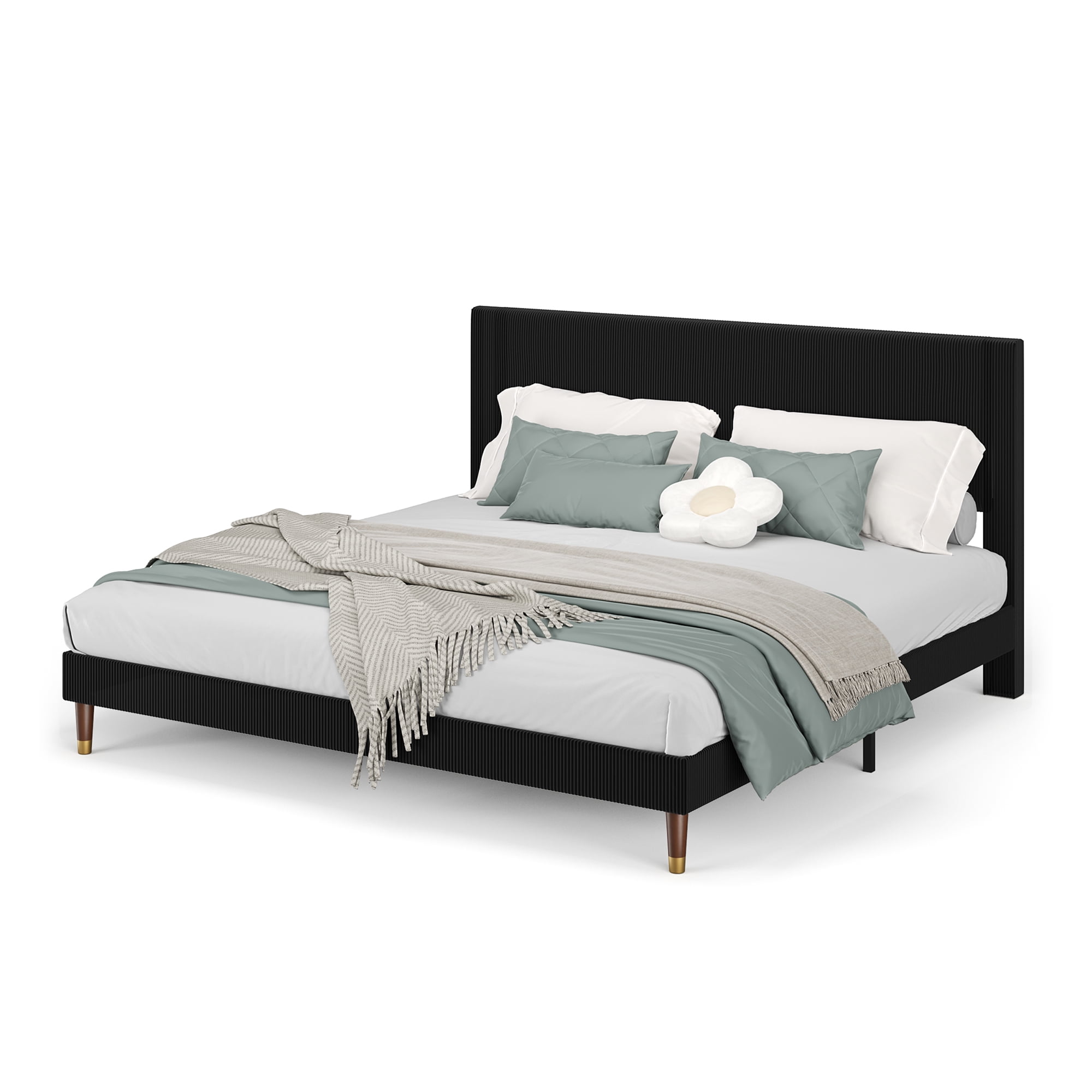 King Size Corduroy Bed Frame with Headboard, Heavy Duty Wood Slats, Noise-Free & Easy Assembly, No Box Spring Needed, Modern for Bedroom, Guest Room, Apartment