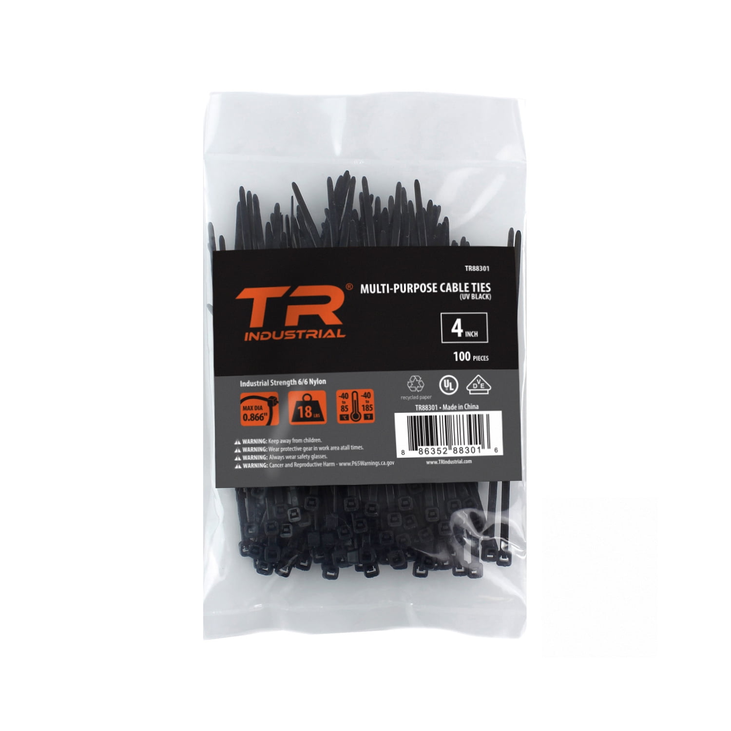 TR Industrial 88301 MultiPurpose Cable Ties, 100pk, 4", Black