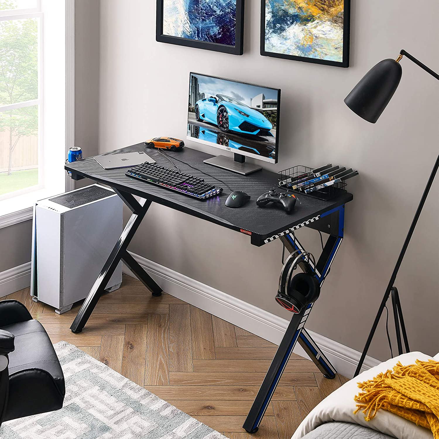 Headphone Hook PC Gaming Workstation Built-in 3-Outlet Socket & 2 USB Ports Home Office Computer Desk ZENY Gaming Desk with Carbon Fiber Surface 45.2 W x 23.6 D x 30.4’’H Cup Holder