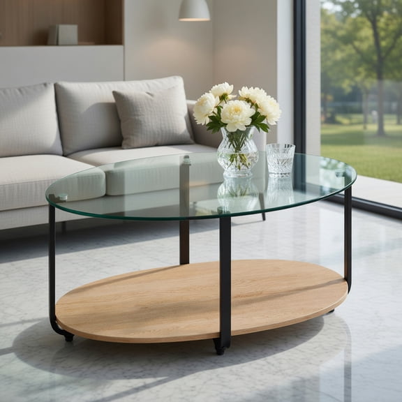 Yardi Yard 2-Tier Glass-Top Oval Coffee Table with Wooden Shelf for Living Room, Coffee Table for Living Room