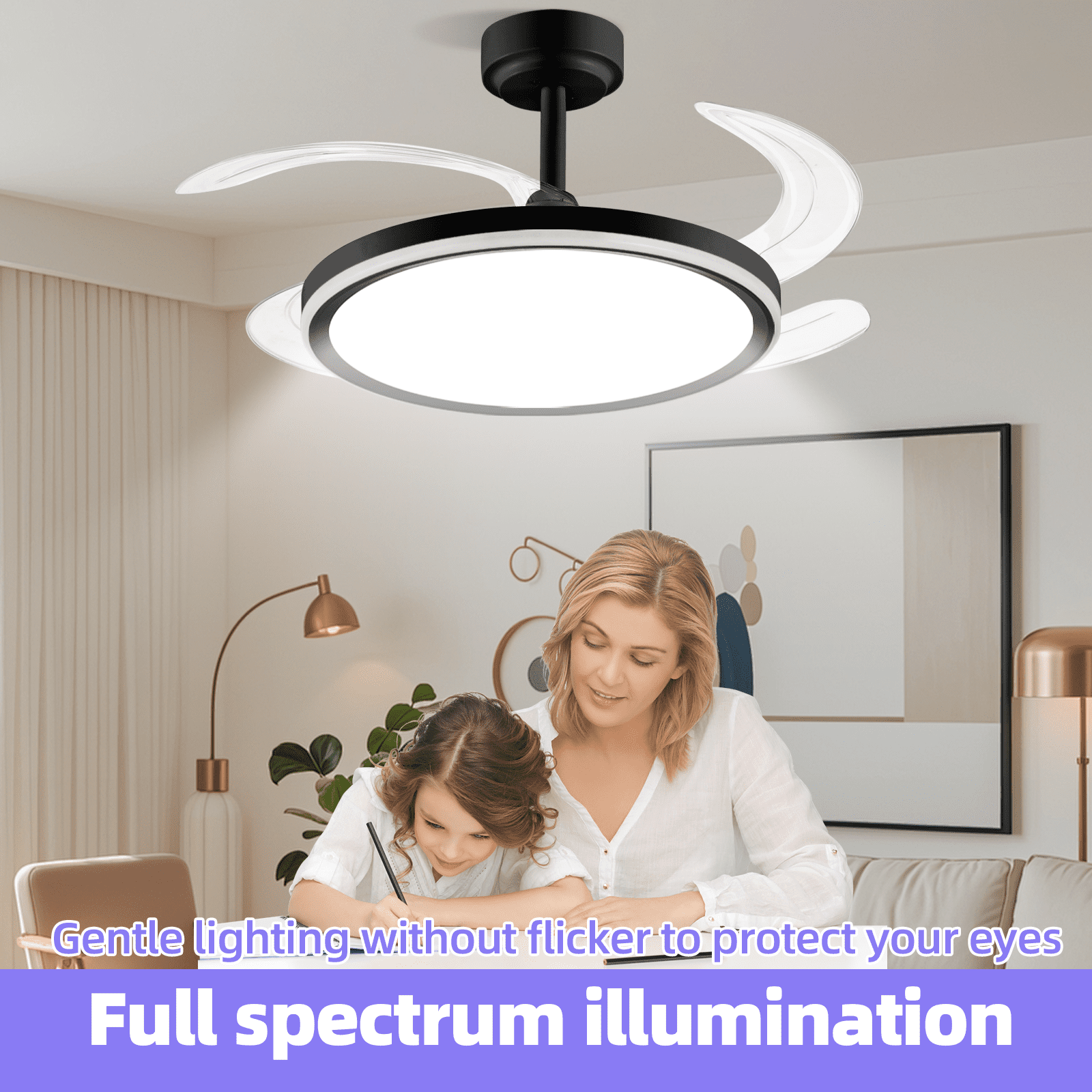 BAYSQUIRREL 42in Slim Retractable Ceiling Fan with RGB Light, Bluetooth Speaker, APP/Remote Control, 6-Speed Reversible, Dimmable Full Spectrum & Memory