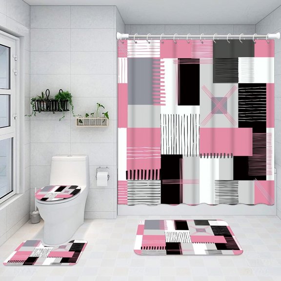 All Smiles Pink Bathroom Sets with Shower Curtains and Bath Non-Slip Rugs,72" x 72"
