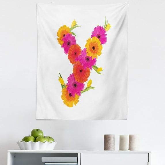 Flower Alphabet Tapestry, Big Petals of Gerber as Letter Y Yellow Tulips Spring Bloom, Fabric Wall Hanging Decor for Bedroom Living Room Dorm, 5 Sizes, Marigold Hot Pink Green, by Ambesonne