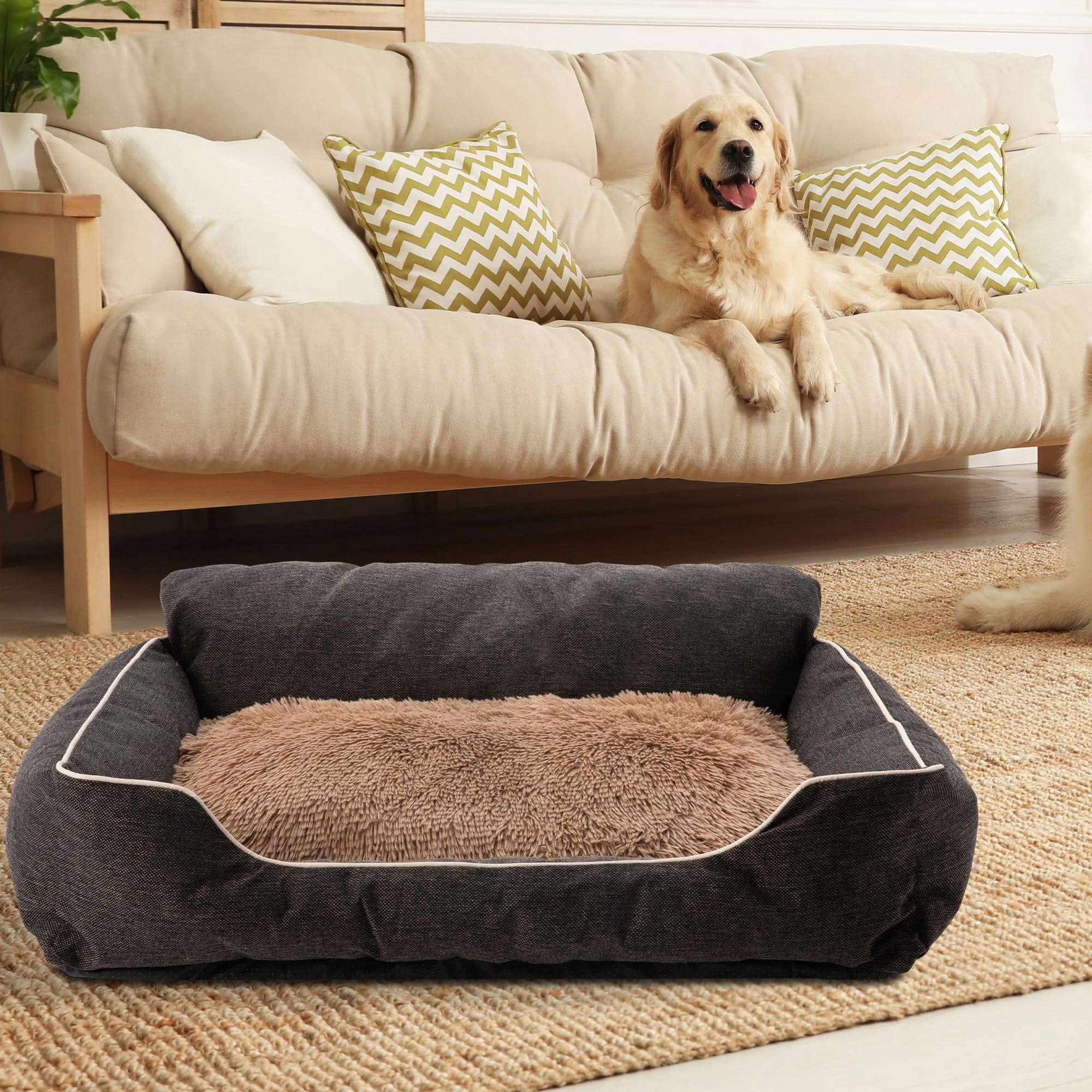 CozyHome Medium Dog Bed with Anti-Slip Bottom, Cat Bed with Removable Washable Cover, Plush Pet Bed for Dogs and Cats, Cute Dog Pillow Bed, Calming Cat Couch Bed for Indoor, Outdoor, Brown
