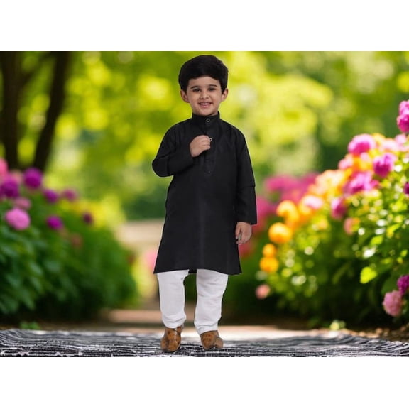 PEEKDEE Indian Ethnic Boys Traditonal Kurta Pajama Set Cotton Full Sleeves Black Kurta For Weddings Party 12-13 year
