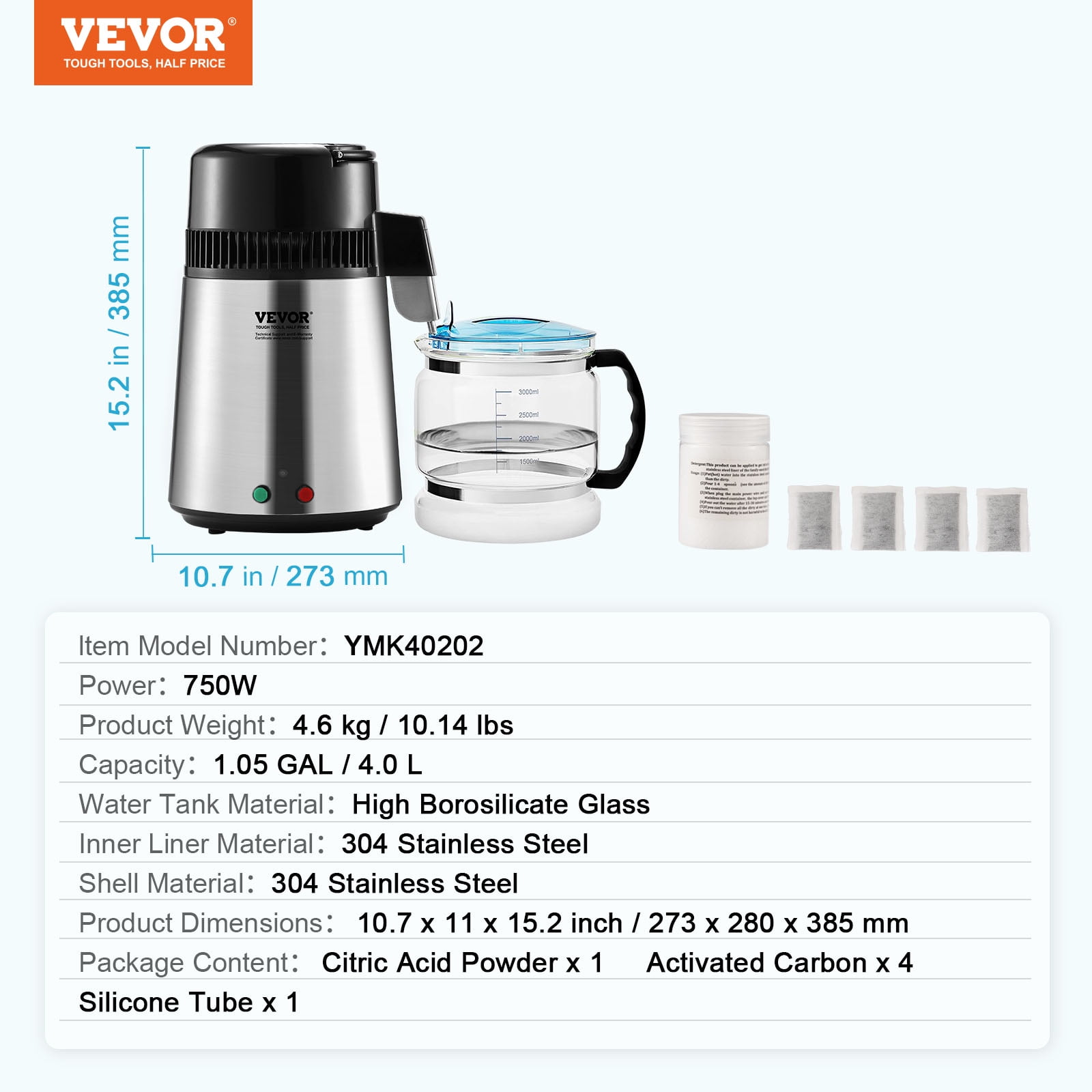 VEVOR 4L 750W Water Distiller with Dual Temperature Displays, Silver