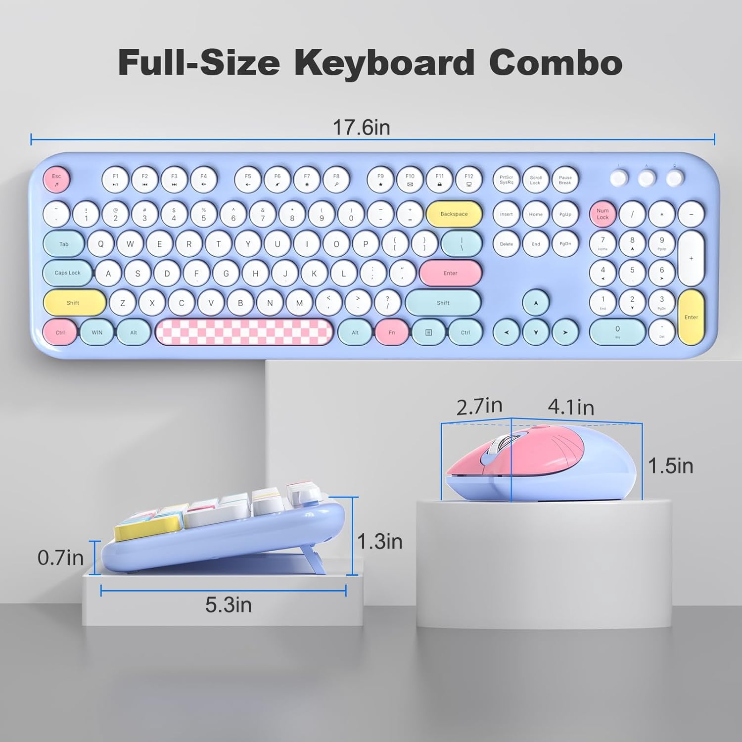 MOFII Wireless Keyboard and Mouse Combo 2.4GHz Retro Full-Size Keyboard with Number Pad and Cute Wireless Mouse (Light Blue Colorful)
