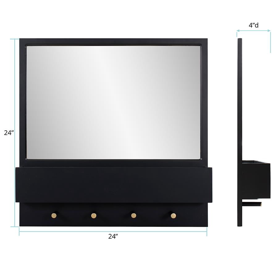 Tyler Dillon Matte Black Wall Mirror with Storage Shelf & Garment Hooks - 24"H x 24"W