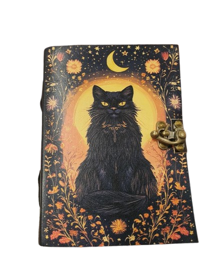 Handmade Black Cat Leather Journal 5x7” – 200 Pages Vintage Handmade Paper | Locking Notebook | Witchy Gifts | Festival & Holiday Gift Ideas