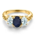 thumbnail image 3 of Gem Stone King 18K Yellow Gold Plated Silver Blue Sapphire and Sky Blue Aquamarine Filigree Style 3 Stone Ring for Women (2.80 Cttw, Oval 8X6MM and 6X4MM) (Size 8), 3 of 6