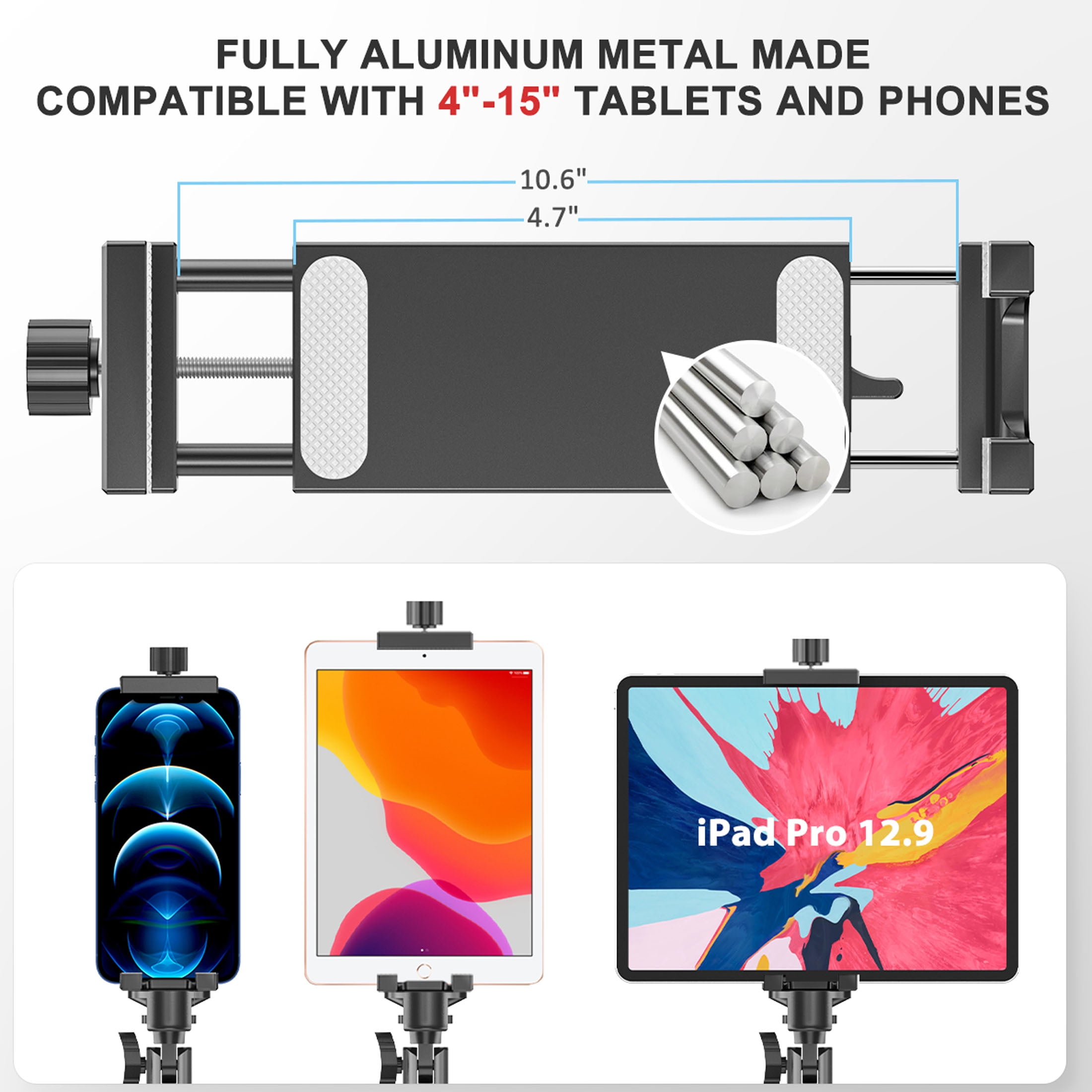 KDD Tablet Tripod, iPad Tripod Stand 61", Tablet Mount 4-15'' for iPhone, Camera, Aluminum 360° Rotating