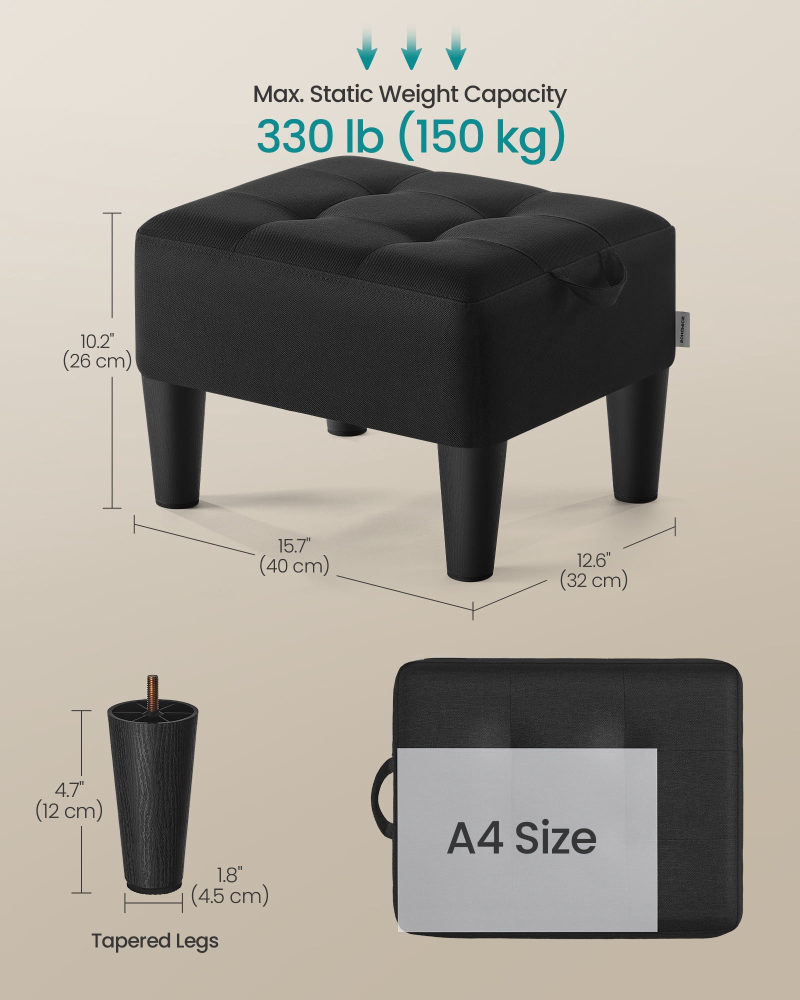 Foot Stool Ottoman with Legs - Linen-Look Fabric, 330 lb Capacity, Hidden Storage, for Living Room/Bedroom, Ink Black