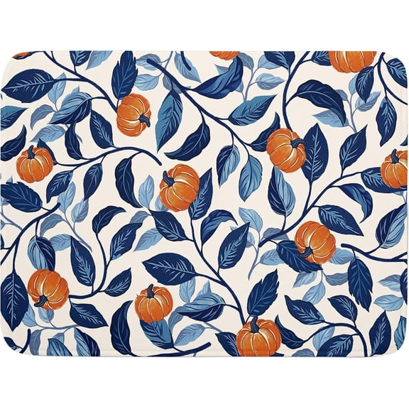 Autumn Pumpkin Dish Drying Mat for Kitchen Counter 18x24 Inch Blue and Orange Fall Thanksgiving Leaf Absorbent Reversible Microfiber Dish Drainer Rack Mats Countertops Protector Mat