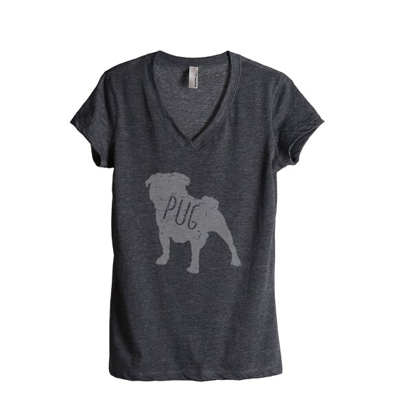 Thread Tank Pug Dog Silhouette Women's Relaxed V-Neck T-Shirt Tee Charcoal Small