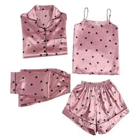 Tiweut 4 Piece Pajamas Set for Women Floral Print Long Sleeve Shirts Tank Top Shorts and Pants Sleepwear
