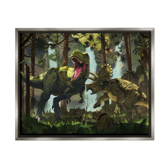 Stupell Industries Protection Dinosaurs Landscape Animals & Insects Painting Gray Floater Framed Canvas Art Print Wall Art, 21 x 17