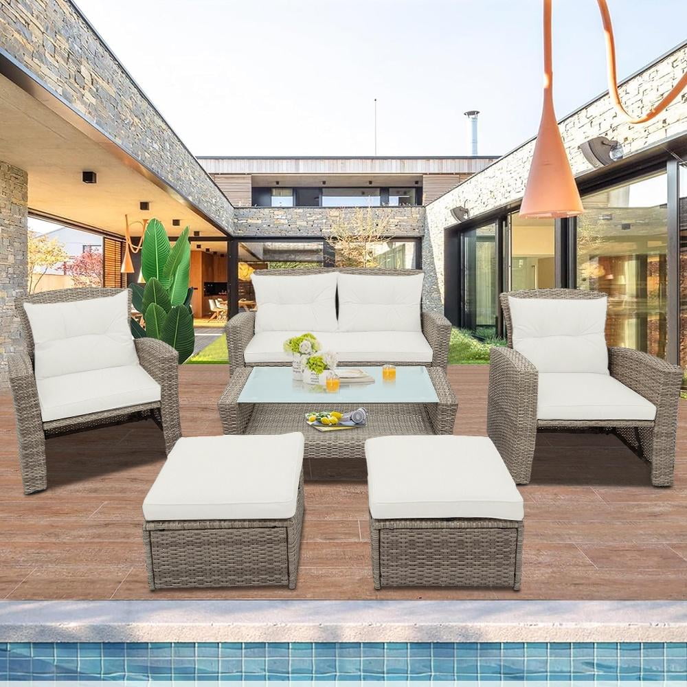 SEGMART 6 Piece Outdoor Patio Furniture Sets, All-Weather Rattan Conversation Set with Ottoman & Cushions, Outdoor Sectional Wicker Set for Backyard, Deck, Poolside, Beige