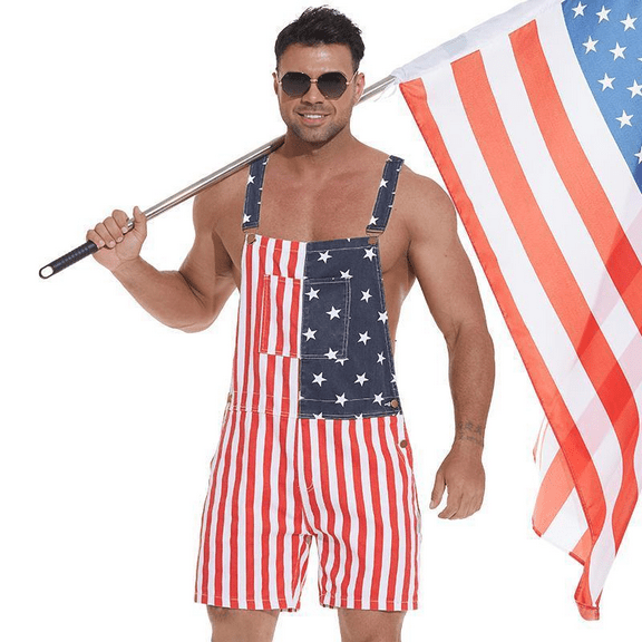 Men's & Women's Overalls USA America Flag Print Bib Pants Jumpsuit Romper Shorts