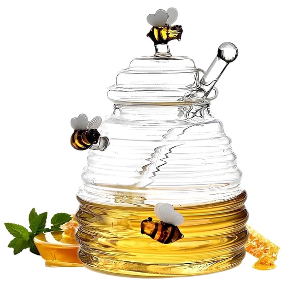 NUAHRHY 17oz Clear Honey Container Disser with Dipper Honey Large Glass Jar with Lid Wind Holder Stick Bottle Woman Jar Dish