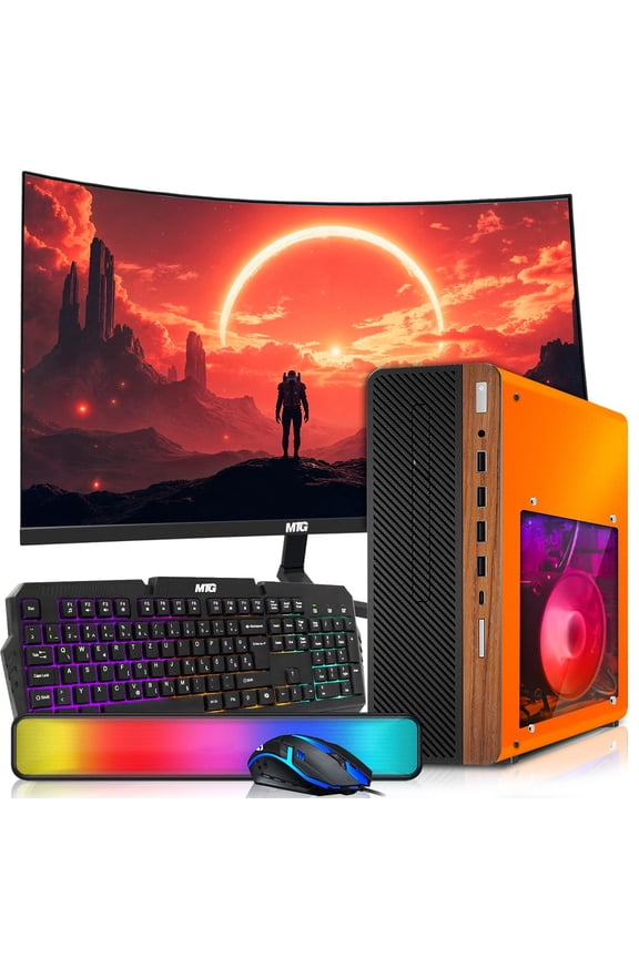 Restored HP Half Dark Desktop Computer PC Phoenix AMD A10-9700, 16GB RAM, 512GB SSD, 24 Inch Curved Monitor, RGB KBM with AI Copilot, WiFi, RGB Sounbar, Windows&nbsp;11 (Refurbished)