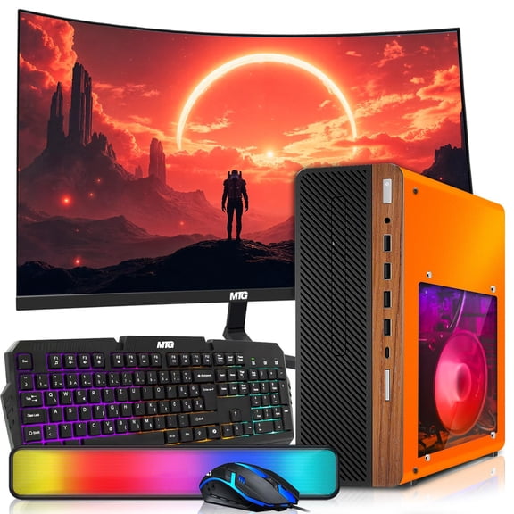 Restored HP Half Dark Desktop Computer PC Phoenix AMD A10-9700, 16GB RAM, 512GB SSD, 24 Inch Curved Monitor, RGB KBM with AI Copilot, WiFi, RGB Sounbar, Windows 11 (Refurbished)